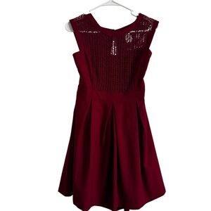 Esley Women's Dress Red Pleated A-line Knit Sleeveless Round Neck Large